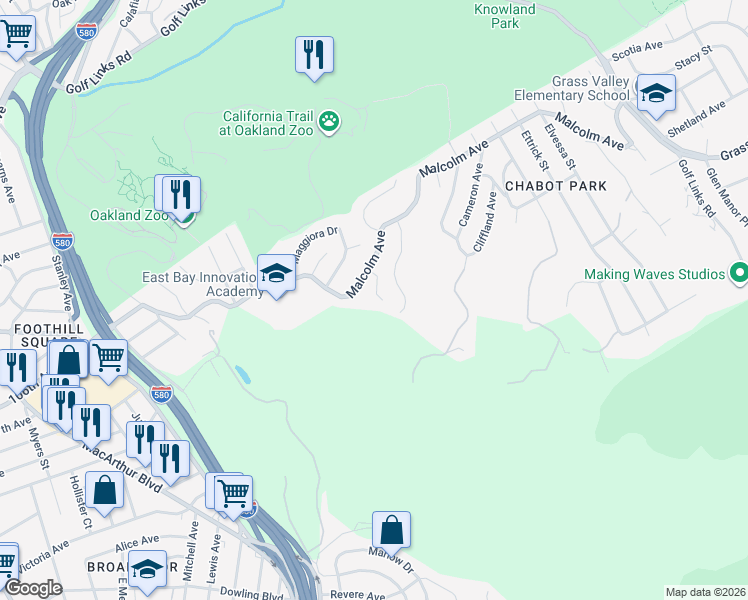 map of restaurants, bars, coffee shops, grocery stores, and more near 33 Leamont Court in Oakland