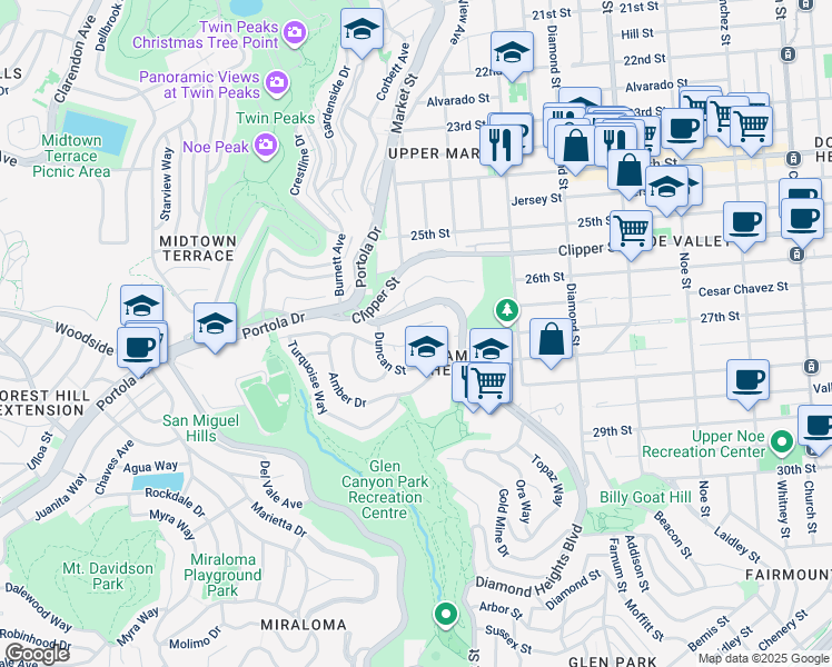 map of restaurants, bars, coffee shops, grocery stores, and more near 135 Red Rock Way in San Francisco