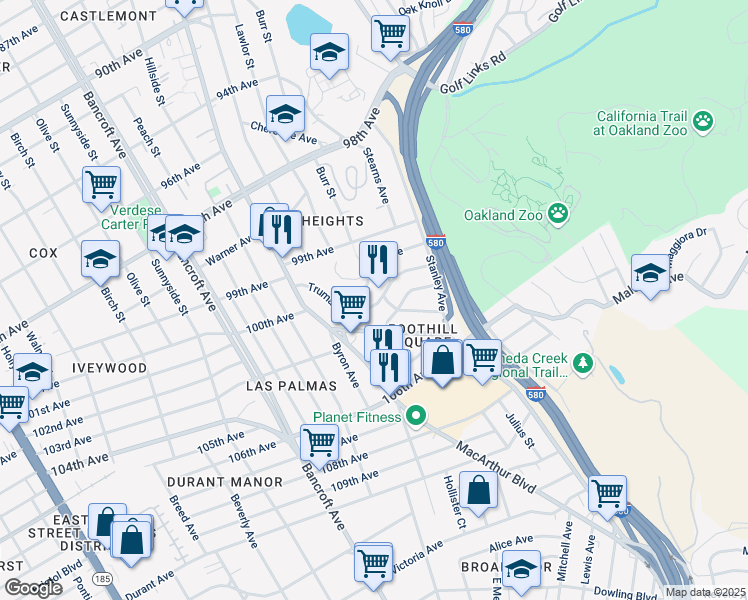 map of restaurants, bars, coffee shops, grocery stores, and more near 2615 Truman Avenue in Oakland