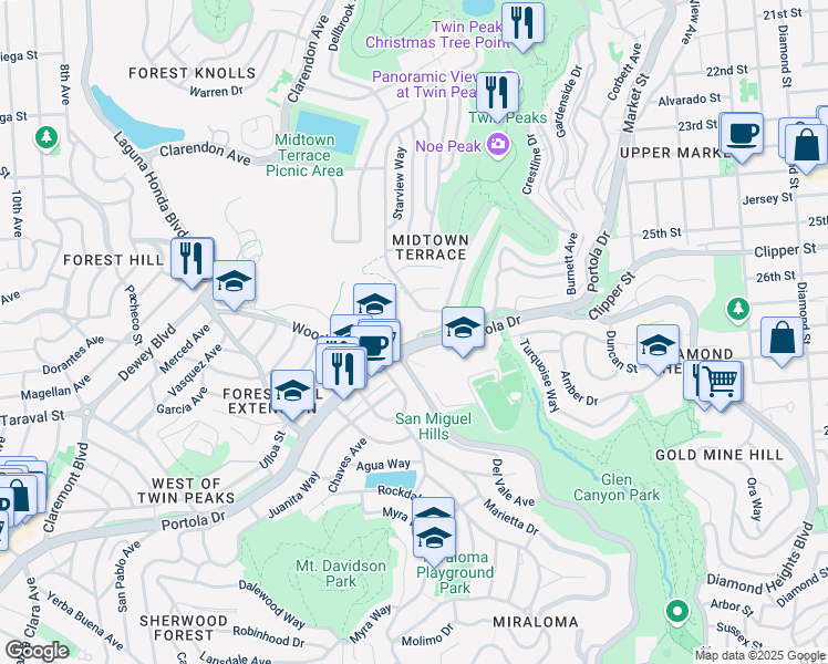 map of restaurants, bars, coffee shops, grocery stores, and more near 1260 Twin Peaks Boulevard in San Francisco