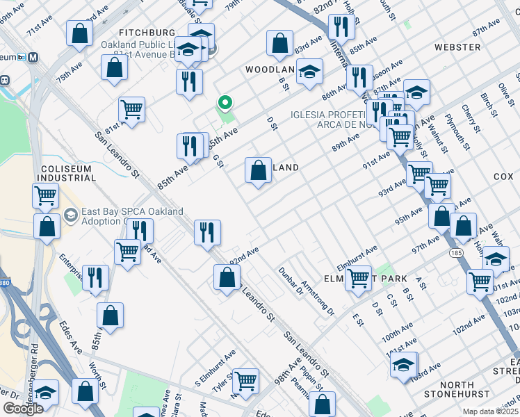 map of restaurants, bars, coffee shops, grocery stores, and more near 923 90th Avenue in Oakland