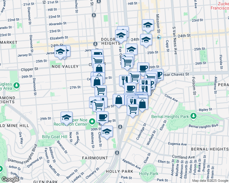 map of restaurants, bars, coffee shops, grocery stores, and more near Dolores St & Duncan St in San Francisco