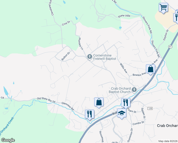map of restaurants, bars, coffee shops, grocery stores, and more near 133 Walter Street in Beckley
