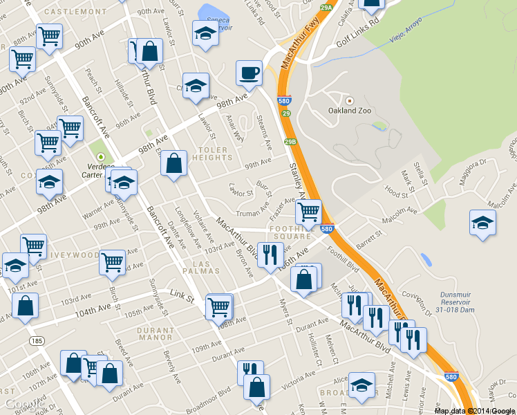 map of restaurants, bars, coffee shops, grocery stores, and more near 2615 Truman Avenue in Oakland