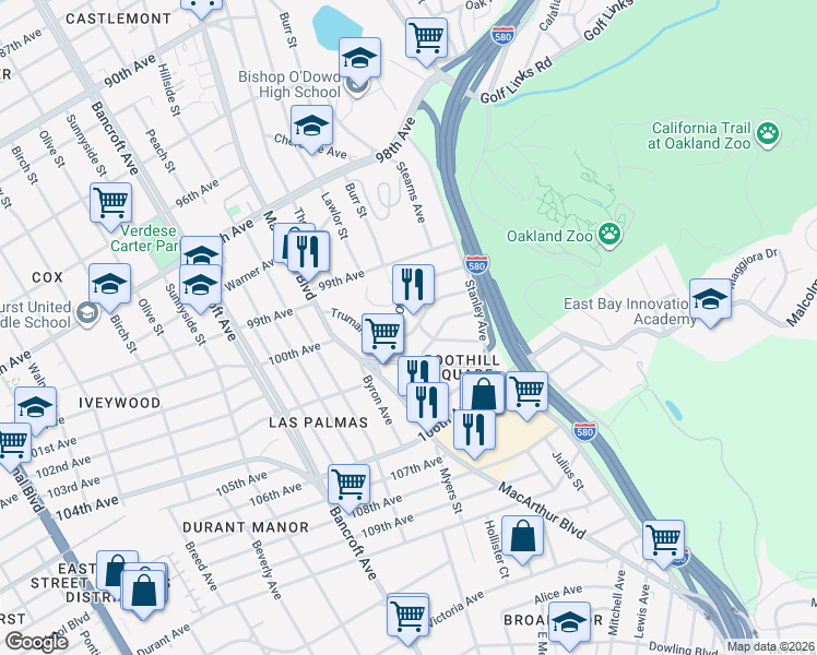 map of restaurants, bars, coffee shops, grocery stores, and more near 2615 Truman Avenue in Oakland
