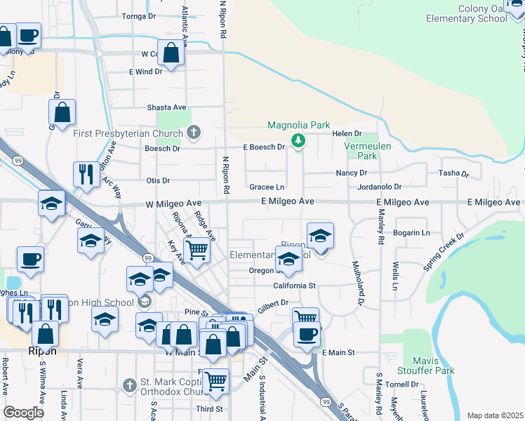 map of restaurants, bars, coffee shops, grocery stores, and more near 232 Milgeo Avenue in Ripon