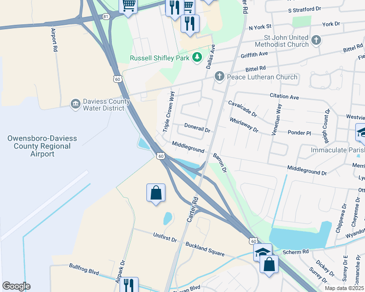 map of restaurants, bars, coffee shops, grocery stores, and more near 2701 West Middleground Drive in Owensboro