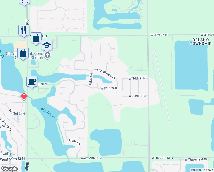 map of restaurants, bars, coffee shops, grocery stores, and more near 6106 West 34th Street North in Wichita