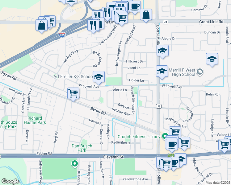 map of restaurants, bars, coffee shops, grocery stores, and more near 1586 Arrigotti Lane in Tracy