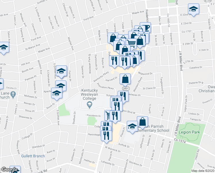 map of restaurants, bars, coffee shops, grocery stores, and more near 727 Princeton Parkway in Owensboro