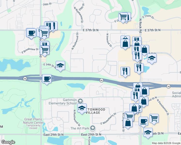 map of restaurants, bars, coffee shops, grocery stores, and more near 7001-7299 E 34th Street North in Wichita