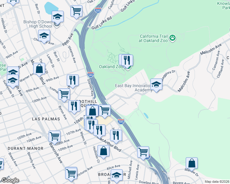 map of restaurants, bars, coffee shops, grocery stores, and more near 10536 Sheldon Street in Oakland