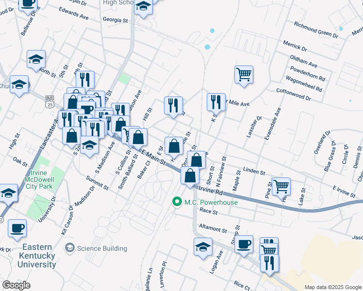 map of restaurants, bars, coffee shops, grocery stores, and more near Hallie Irvine Street in Richmond