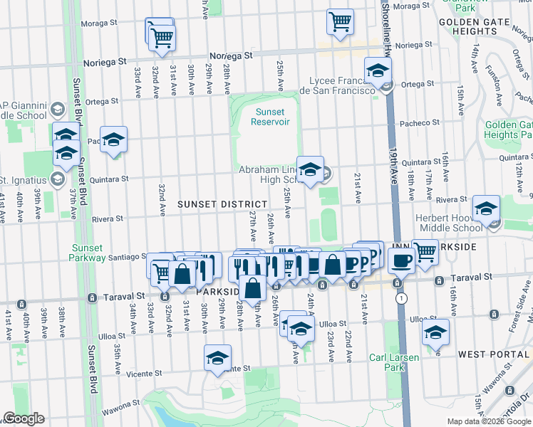 map of restaurants, bars, coffee shops, grocery stores, and more near 2223 26th Avenue in San Francisco