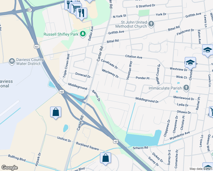 map of restaurants, bars, coffee shops, grocery stores, and more near 2527 Lawrin Court in Owensboro