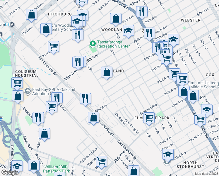 map of restaurants, bars, coffee shops, grocery stores, and more near 9016 G Street in Oakland