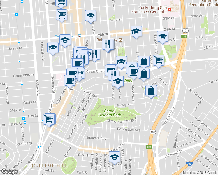 map of restaurants, bars, coffee shops, grocery stores, and more near 3252 Folsom Street in San Francisco