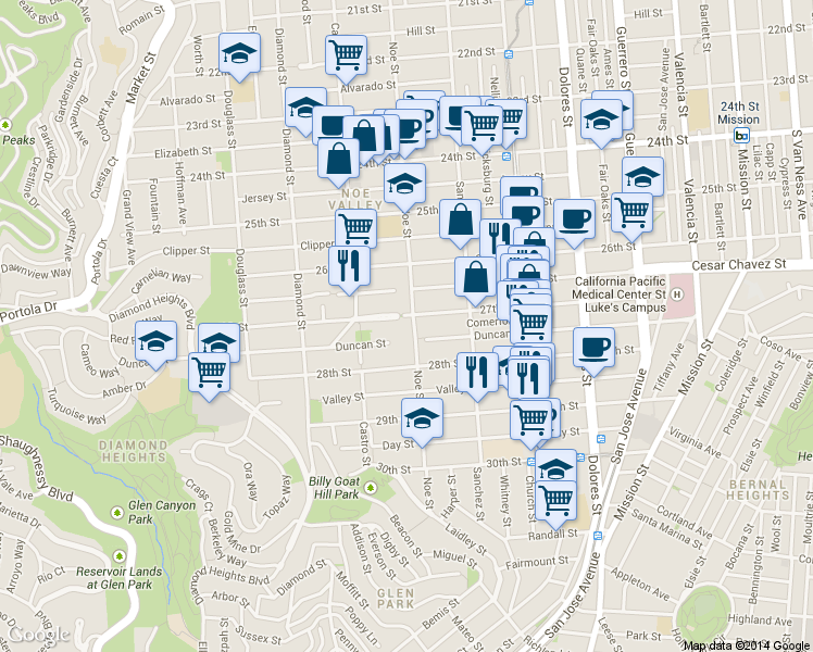 map of restaurants, bars, coffee shops, grocery stores, and more near 1440 Noe Street in San Francisco