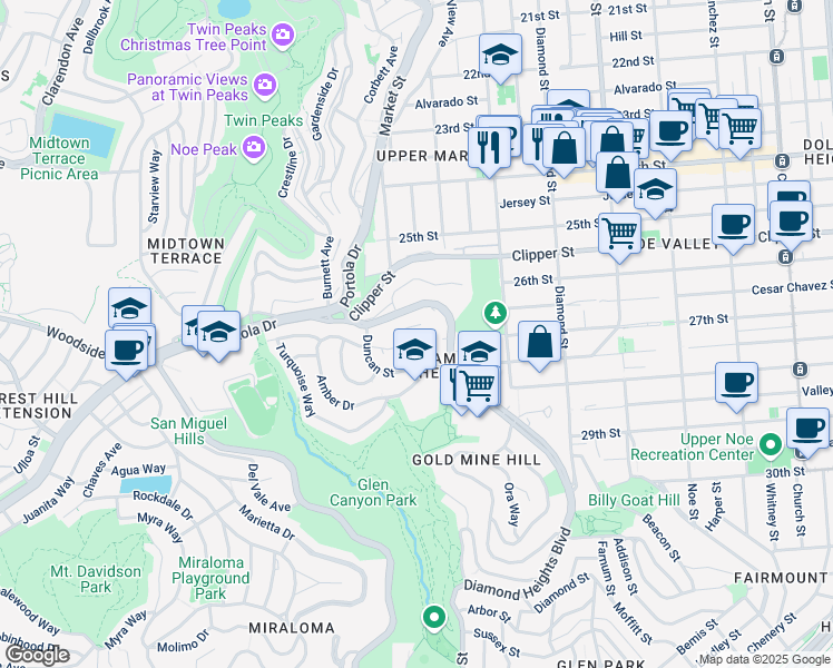 map of restaurants, bars, coffee shops, grocery stores, and more near 135 Red Rock Way in San Francisco