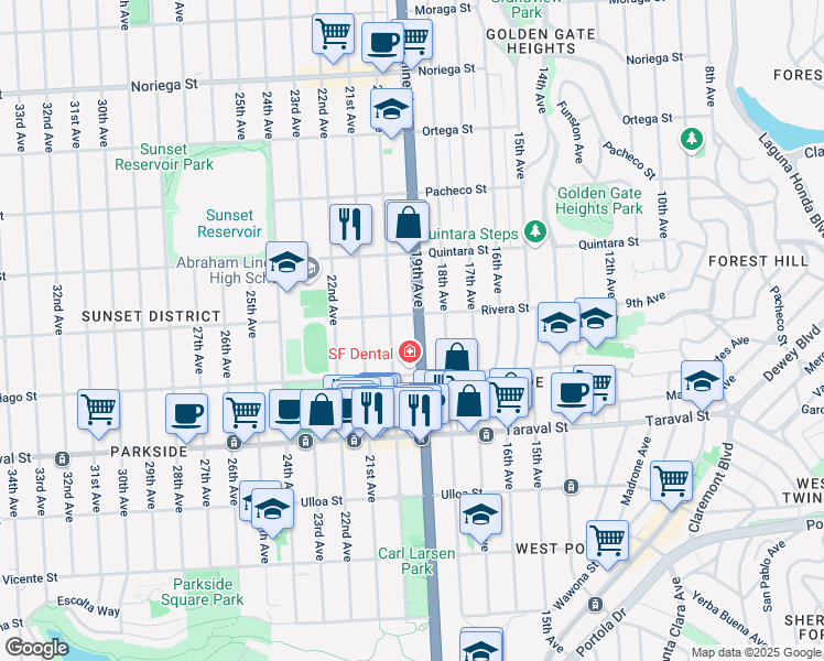 map of restaurants, bars, coffee shops, grocery stores, and more near 2242 20th Avenue in San Francisco