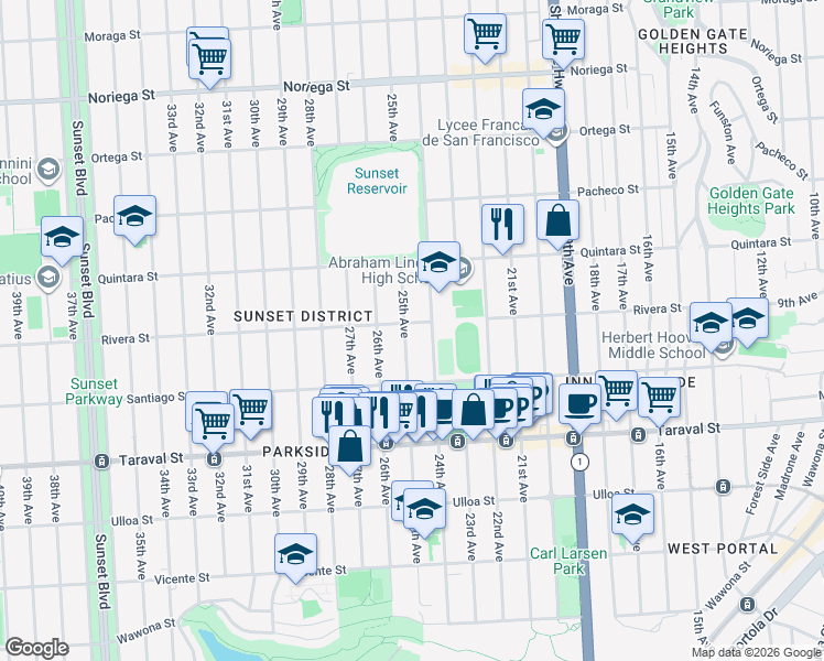 map of restaurants, bars, coffee shops, grocery stores, and more near 2223 25th Avenue in San Francisco