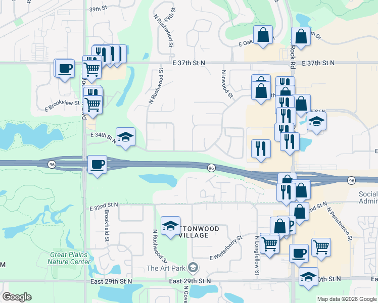 map of restaurants, bars, coffee shops, grocery stores, and more near 7001-7299 E 34th Street North in Wichita