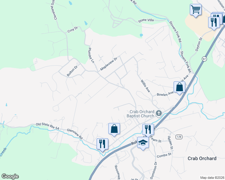 map of restaurants, bars, coffee shops, grocery stores, and more near 122 Sutphin Street in Beckley