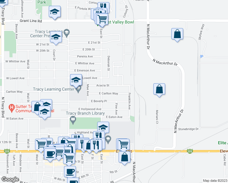 map of restaurants, bars, coffee shops, grocery stores, and more near 345 East Carlton Way in Tracy
