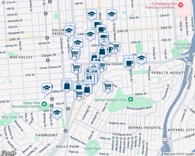 map of restaurants, bars, coffee shops, grocery stores, and more near 3181 Mission Street in San Francisco