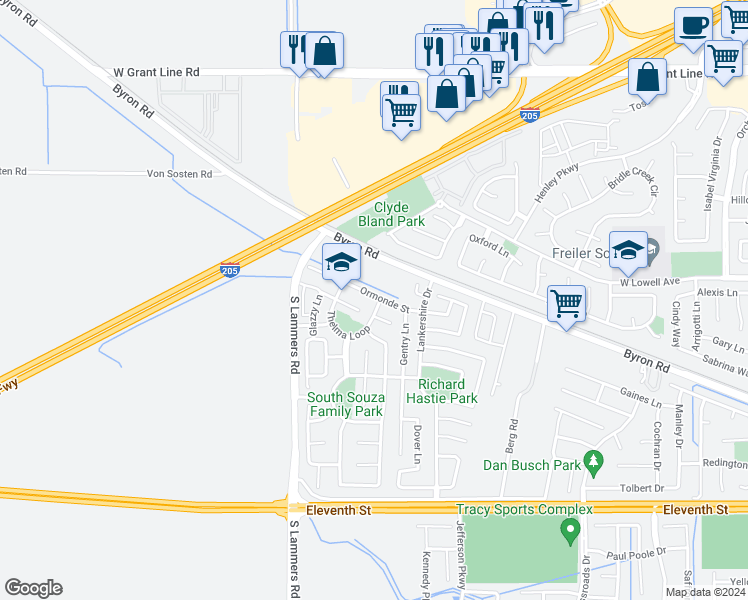 map of restaurants, bars, coffee shops, grocery stores, and more near 2124 Thelma Loop in Tracy
