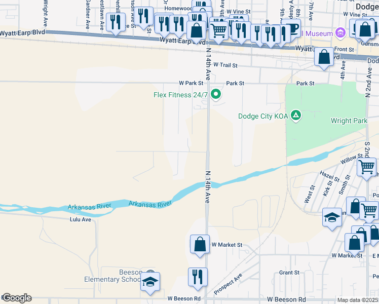 map of restaurants, bars, coffee shops, grocery stores, and more near 1597 Pheasant Street in Dodge City