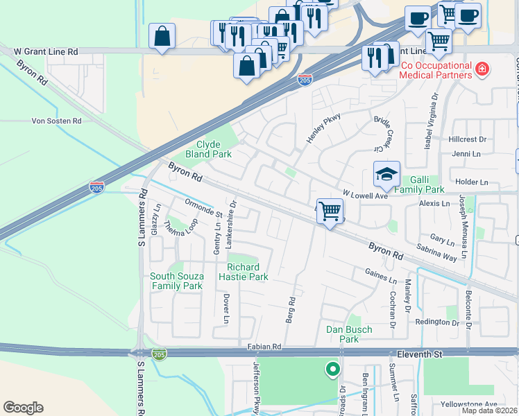 map of restaurants, bars, coffee shops, grocery stores, and more near 2919 Kennsington Court in Tracy