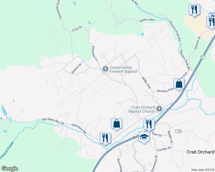 map of restaurants, bars, coffee shops, grocery stores, and more near 133 Walter Street in Beckley