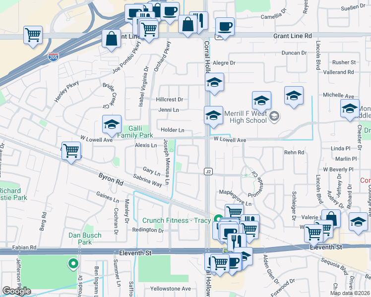 map of restaurants, bars, coffee shops, grocery stores, and more near 2093 Betty Lane in Tracy