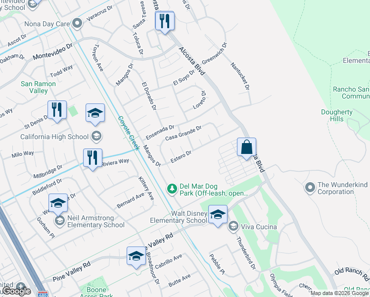 map of restaurants, bars, coffee shops, grocery stores, and more near 31 San Piedras Place in San Ramon
