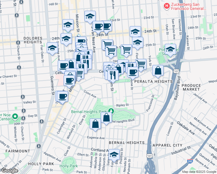 map of restaurants, bars, coffee shops, grocery stores, and more near 3252 Folsom Street in San Francisco