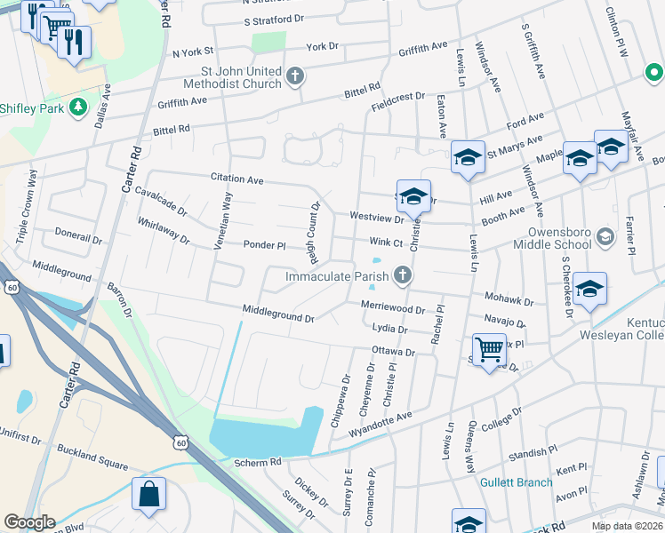 map of restaurants, bars, coffee shops, grocery stores, and more near 2224 Twenty Grand Avenue in Owensboro