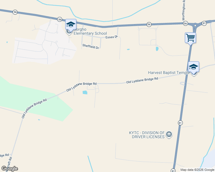 map of restaurants, bars, coffee shops, grocery stores, and more near 5126 Old Lyddane Bridge Road in Owensboro