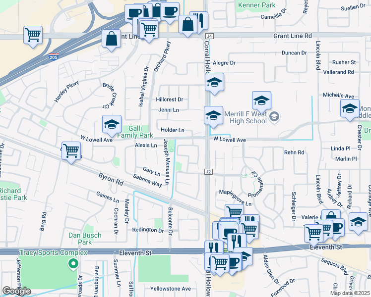 map of restaurants, bars, coffee shops, grocery stores, and more near 2090 Iroula Way in Tracy