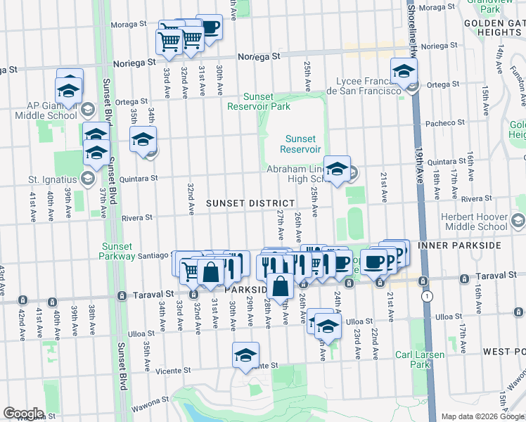 map of restaurants, bars, coffee shops, grocery stores, and more near 28th Avenue & Rivera Street in San Francisco