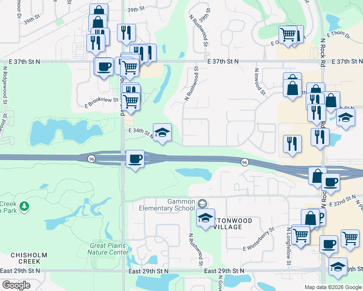 map of restaurants, bars, coffee shops, grocery stores, and more near 6901 East 34th Street North in Wichita