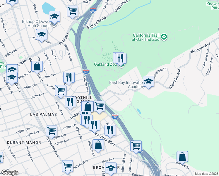 map of restaurants, bars, coffee shops, grocery stores, and more near 10536 Sheldon Street in Oakland