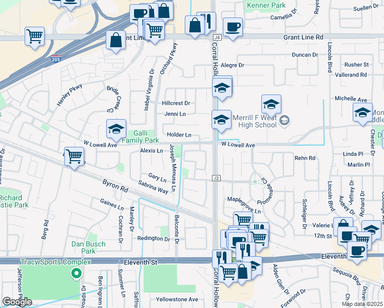 map of restaurants, bars, coffee shops, grocery stores, and more near 2090 Iroula Way in Tracy