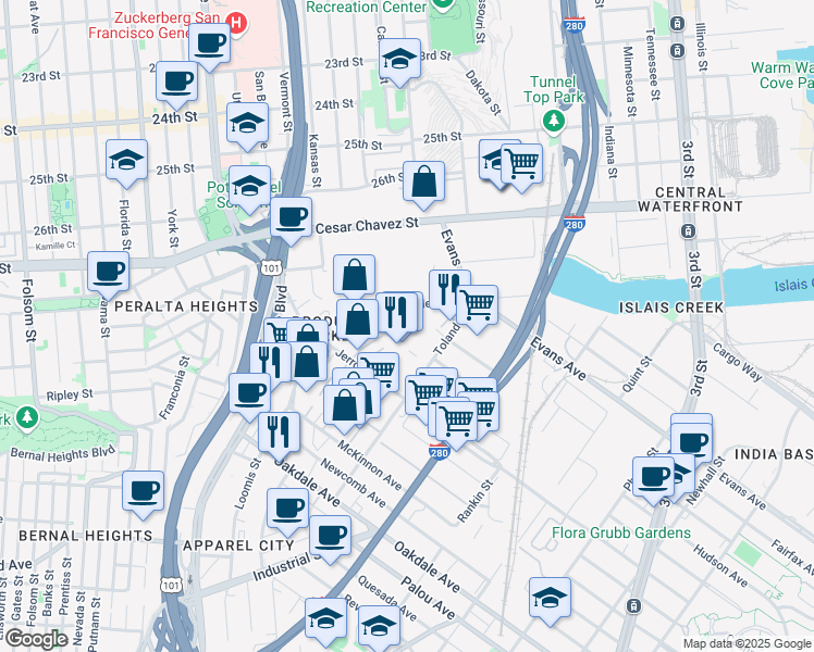 map of restaurants, bars, coffee shops, grocery stores, and more near 251 Napoleon Street in San Francisco