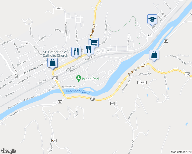 map of restaurants, bars, coffee shops, grocery stores, and more near Island Park Road in Ronceverte