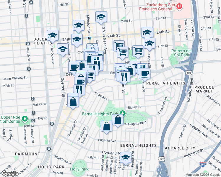 map of restaurants, bars, coffee shops, grocery stores, and more near 1441 Shotwell Street in San Francisco