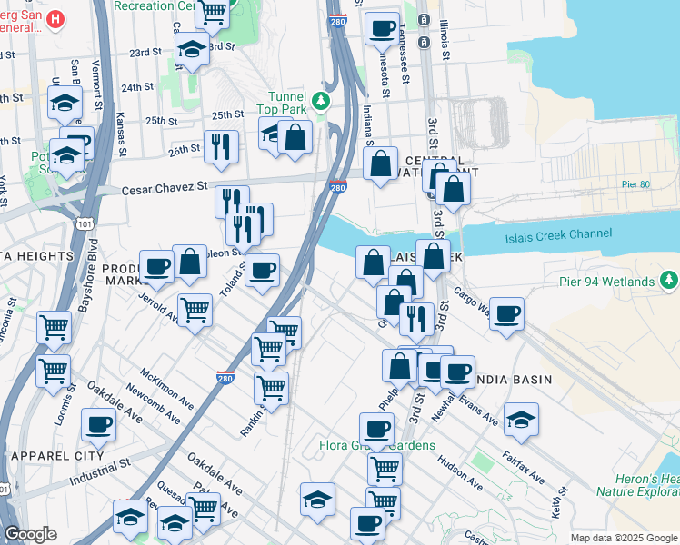 map of restaurants, bars, coffee shops, grocery stores, and more near 1601-1699 Davidson Ave in San Francisco