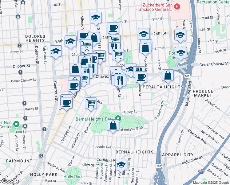 map of restaurants, bars, coffee shops, grocery stores, and more near 3252 Folsom Street in San Francisco