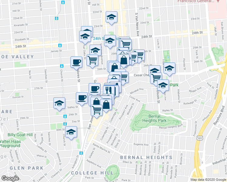 map of restaurants, bars, coffee shops, grocery stores, and more near 3181 Mission Street in San Francisco