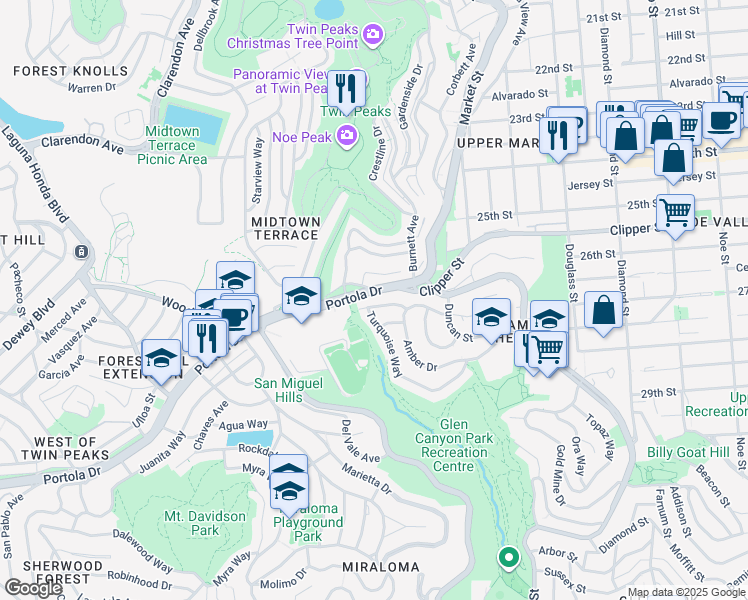 map of restaurants, bars, coffee shops, grocery stores, and more near 1 Turquoise Way in San Francisco